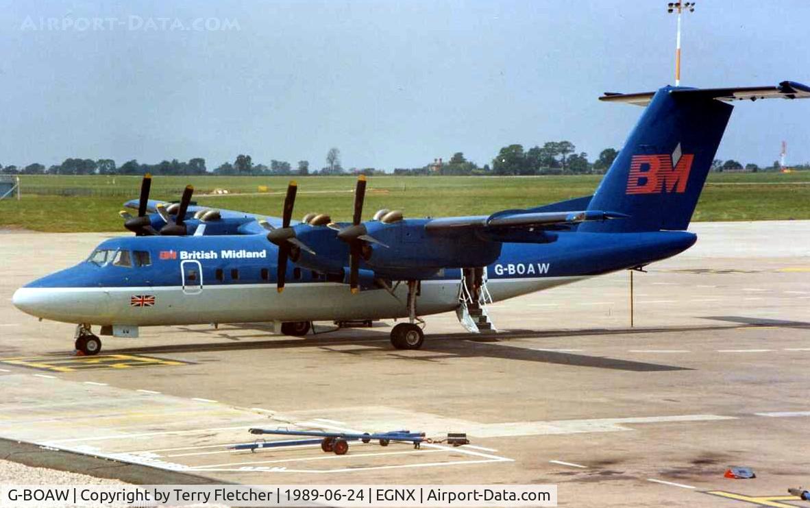 G-BOAW, 1988 De Havilland Canada DHC-7-110 Dash 7 C/N 110, Dash7 in British Midland Colours at East Midlands in 1989 - subsequently sold  as 9M-TAK