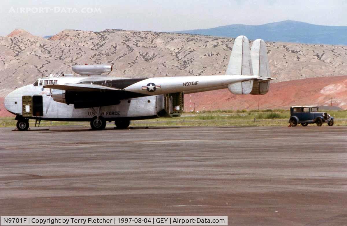 N9701F, 1945 Fairchild C-82A Packet C/N 10184 (45-57814), Rare aircraft and Automobile side by side on the Greybull ramp in 1997