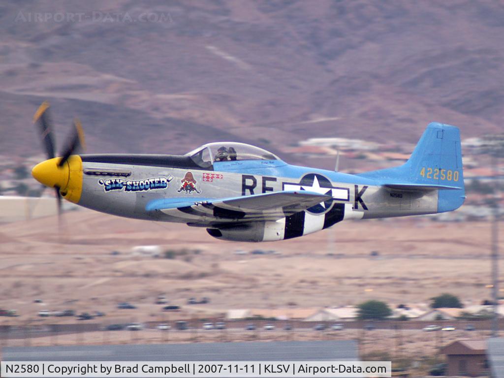 N2580, 1967 North American F-51D Mustang C/N AF-67-22580, 1967 North American F-51D / Originally configured as a Cavalier F-51D Mustang. Aircraft went to Bolivian AF in October of 1967 as FAB 520 and then sold to a Canadian user as C-CXUQ in 1977. It then became N151RK in 1986 and is now known as 'Six-Shooter'.
