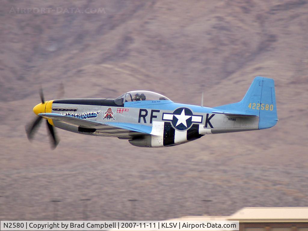N2580, 1967 North American F-51D Mustang C/N AF-67-22580, 1967 North American F-51D / Originally configured as a Cavalier F-51D Mustang. Aircraft went to Bolivian AF in October of 1967 as FAB 520 and then sold to a Canadian user as C-CXUQ in 1977. It then became N151RK in 1986 and is now known as 'Six-Shooter'