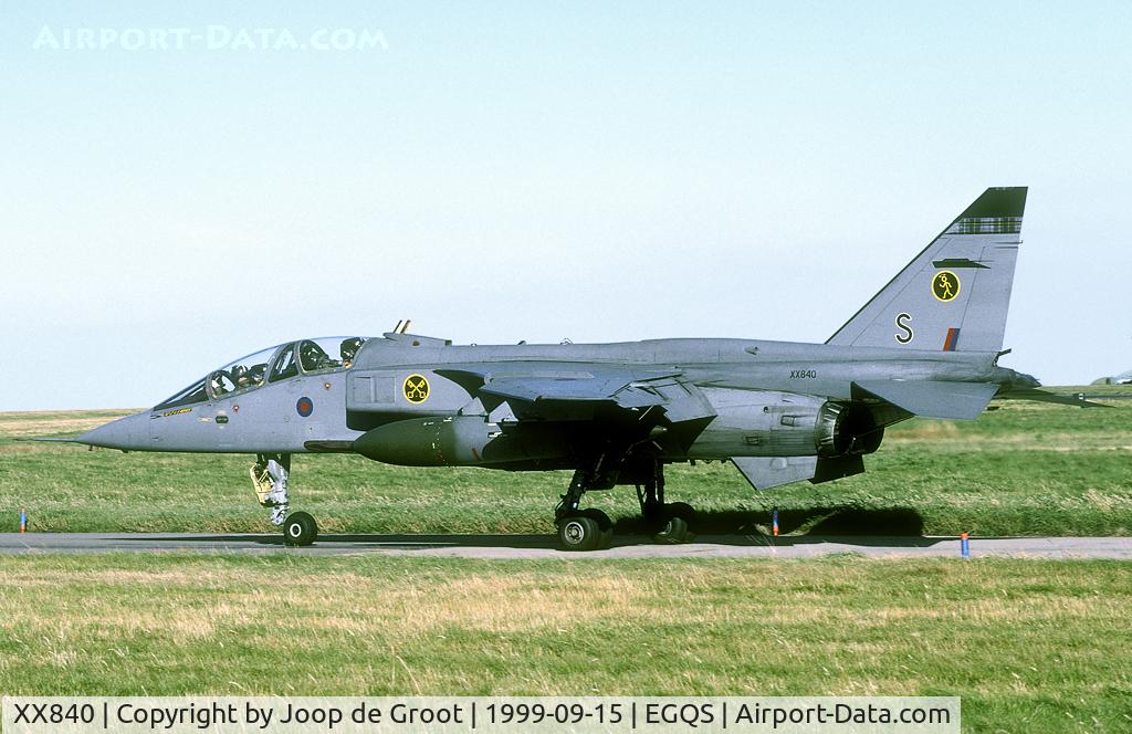 XX840, 1975 Sepecat Jaguar T.4 C/N B.28, In the late nineties the Jaguar fleet saw its transition from camouflge pattern to plain grey. This was one of the first grey Jags up in scotland, I think.