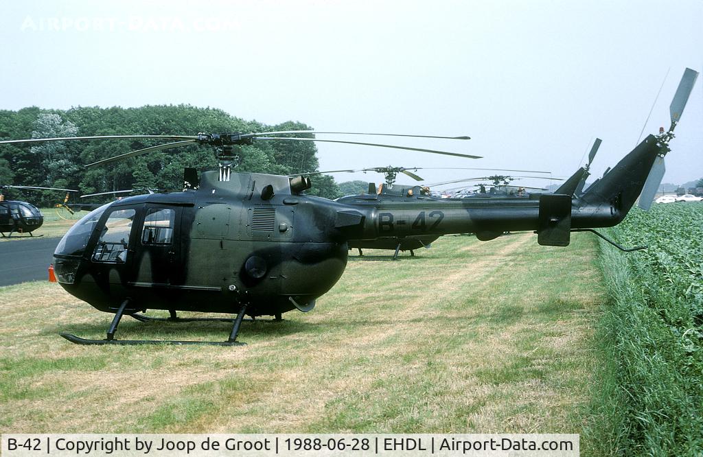 B-42, MBB Bo-105CB C/N S-242, In the week prior to the Deelen Open House all Bo-105 and Alouette helicopters were parked along a taxi track. A great way photographing these aircraft.