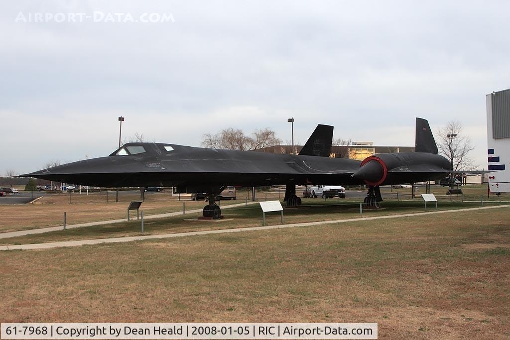 61-7968, 1966 Lockheed SR-71A Blackbird C/N 2019, SR-71A 61-7968 sat in storage for some time with the hopes of being reactivated, but the program was cancelled in 1998. It was brought to the Virginia Aviation Museum from Edwards AFB, CA in October 1999. This aircraft last flew on Feb 12, 1990.