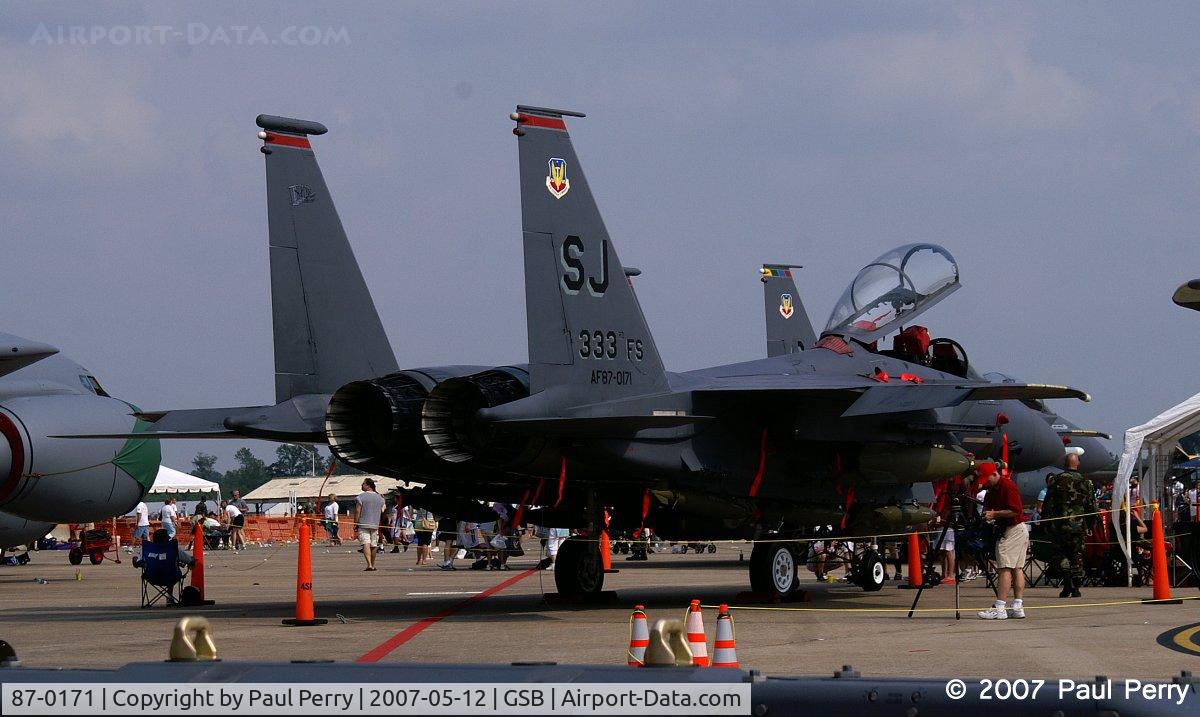 87-0171, 1987 McDonnell Douglas F-15E Strike Eagle C/N 1036/E011, One Seven One showing off a good weapons load.  Varied munitions for long patrols