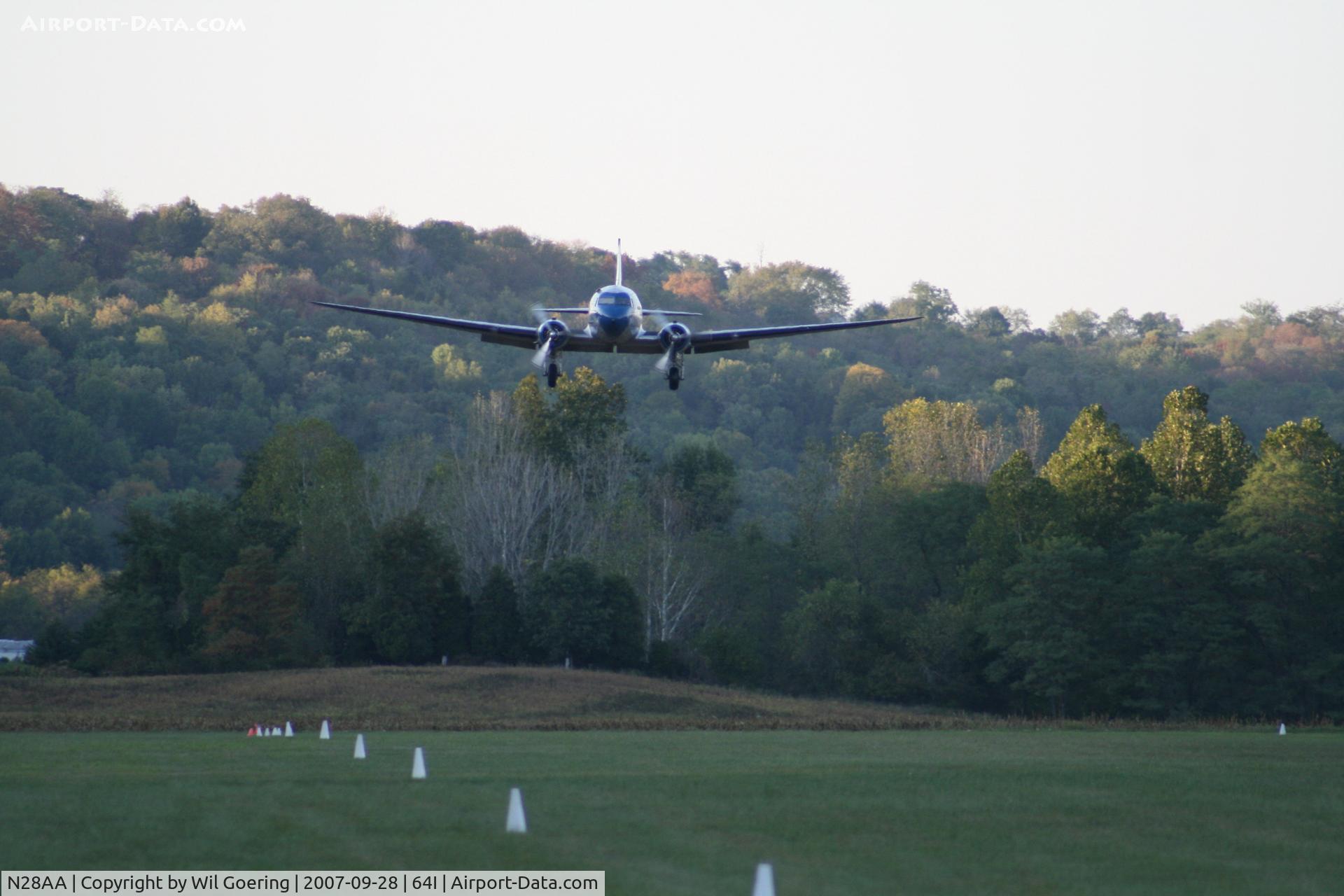 N28AA, 1940 Douglas DC-3A C/N 2239, On Final at Lee Bottom for 2007 Fly-in