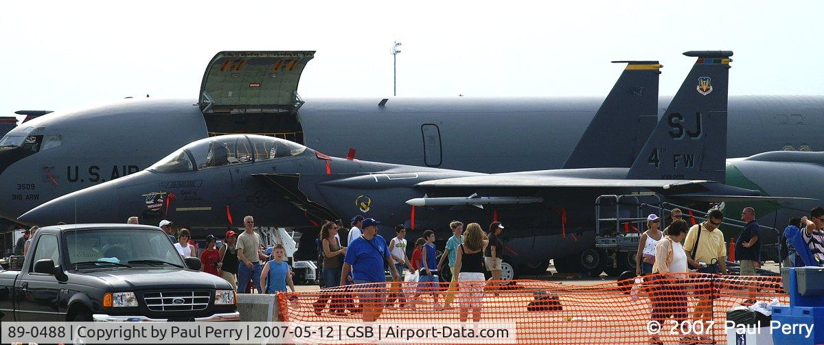 89-0488, 1989 McDonnell Douglas F-15E Strike Eagle C/N 1135/E110, The First Lady, so to speak.  Wing rep bird, always across the crowds