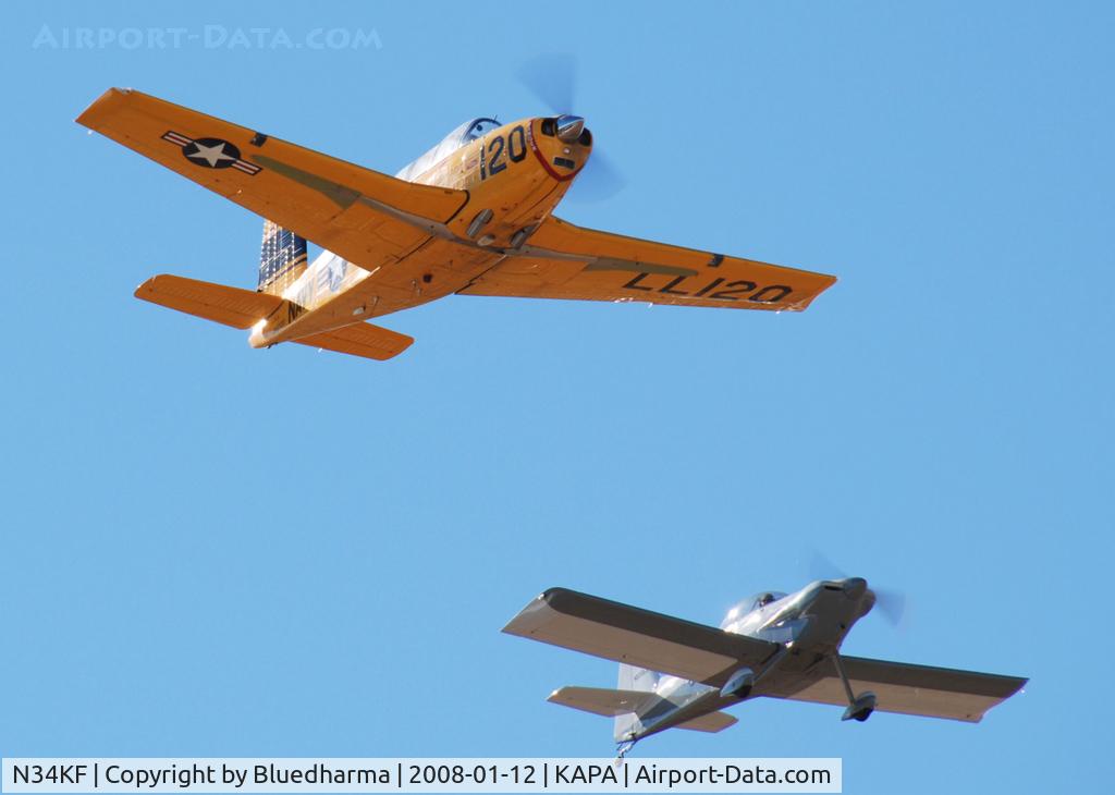 N34KF, 1953 Beech A45 C/N G-120, Beech A45 Formation Takeoff with N55BJ ( 1985 Vetterman Larry D RV-4 ) heading North