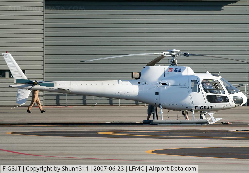 F-GSJT, Aerospatiale AS-350BA Ecureuil C/N 1192, Parked here after first day of LFMC Airshow 2007...