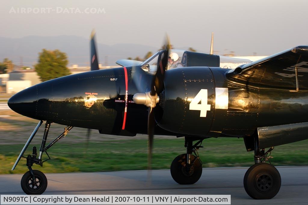 N909TC, 1945 Grumman F7F-3P Tigercat C/N 80425, Grumman F7F-3P Tigercat NX909TC taxiing to RWY 16R after making a full stop landing during a pattern work session.