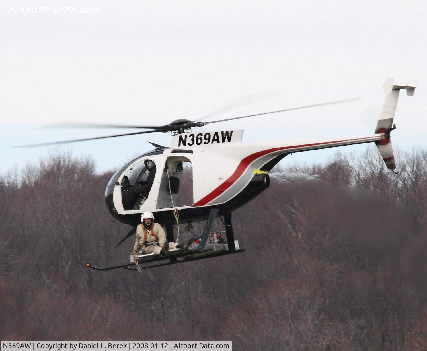 N369AW, 1977 Hughes 369D C/N 470117D, What a way to make a living!  The skilled crew on this chopper was engaged in repairing powerlines.