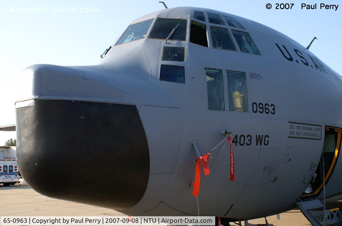 65-0963, 1965 Lockheed WC-130H Hercules C/N 382-4103, The nose belies her origins as an HC-130H, now shown on her data stencil as a C-130H, but with the Hurricane Hunters...possibly a conversion to WC-130H?
