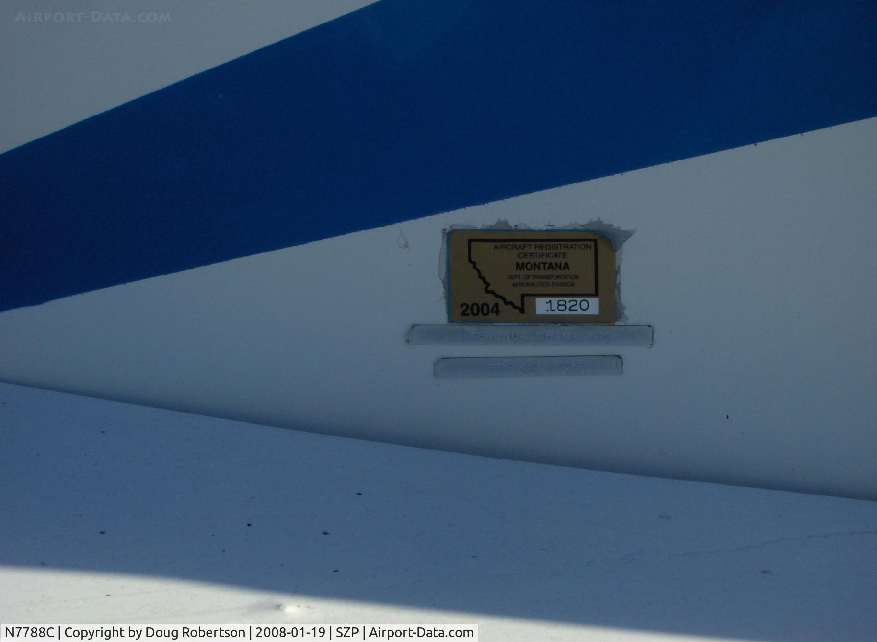 N7788C, 1946 Aeronca 7DC C/N 7AC-5928, 1946 Aeronca 7DC CHAMPION, Continental C85 85 Hp, state registration