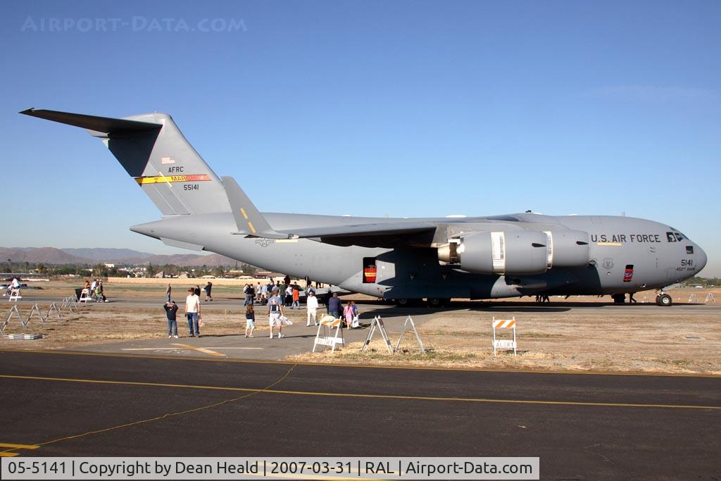 05-5141, 2007 Boeing C-17A Globemaster III C/N P-141, US Air Force Boeing C-17A Globemaster III 05-5141 from March ARB was in attendance at the 2007 Riverside Airshow.