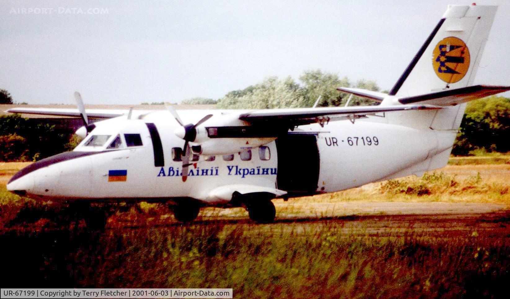 UR-67199, 1979 Let L-410UVP Turbolet C/N 790305, Seen here in 2001 when the aircraft was based at Langar Airport as a jumping platform for the skydivers