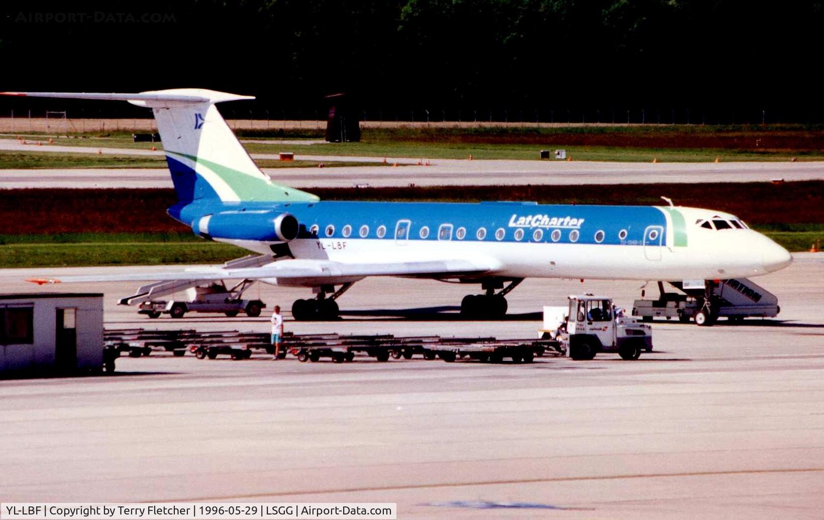 YL-LBF, Tupolev Tu-134 C/N 63295, Lat Charter Tu134 at Geneva in 1996