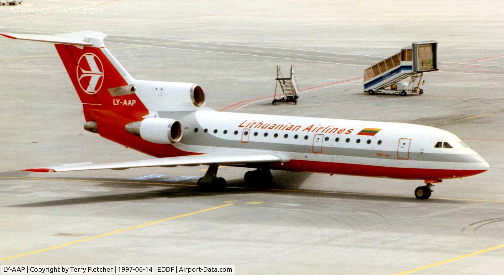 LY-AAP, 1987 Yakovlev Yak-42D C/N 4520421706302, Lithuanian Yak 42 at Frankfurt in 1997