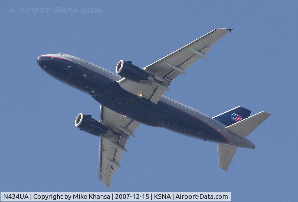 N434UA, 1996 Airbus A320-232 C/N 592, United A320 passing overhead shortly after takeoff.