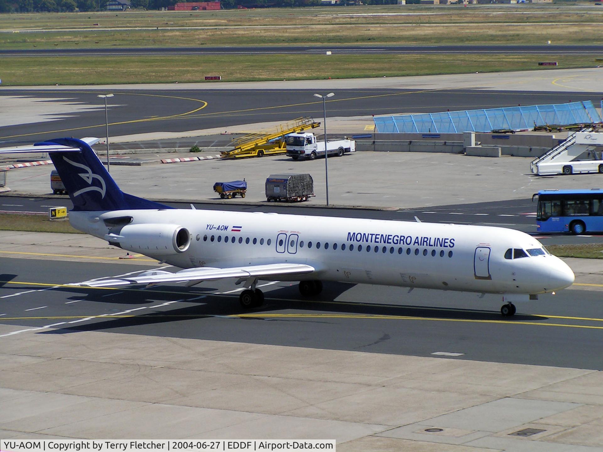 YU-AOM, 1990 Fokker 100 (F-28-0100) C/N 11321, Montenegro Airlines Fokker 100 taxies for departure at Frankfurt in 2004