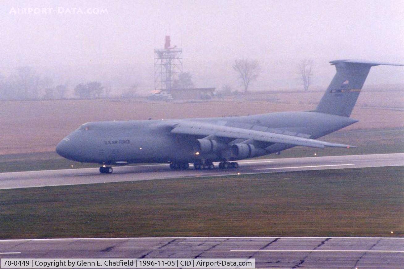 70-0449, 1970 Lockheed C-5A Galaxy C/N 500-0063, C-5A landing Runway 9 in fog and low ceilings at dawn.
