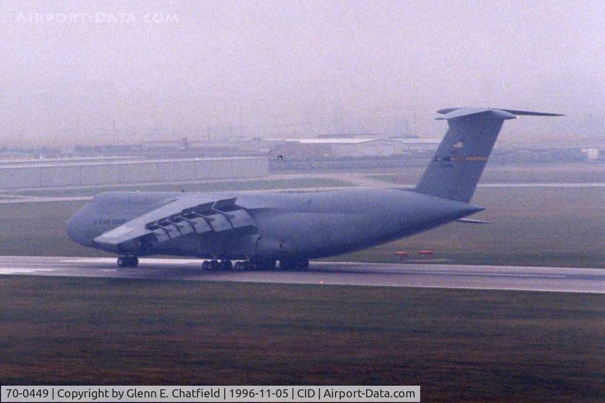 70-0449, 1970 Lockheed C-5A Galaxy C/N 500-0063, C-5A landing Runway 9 in fog and low ceilings at dawn.