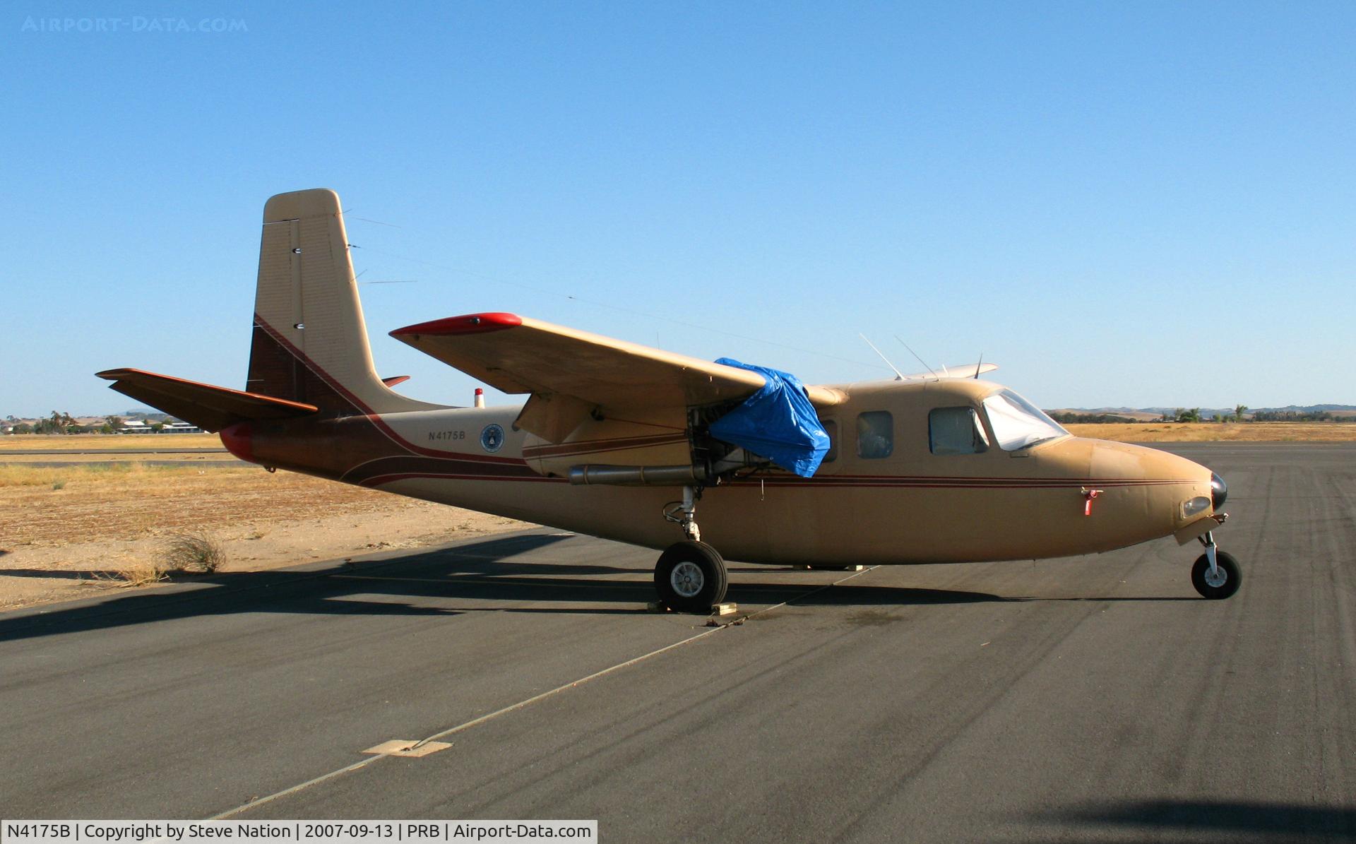 N4175B, 1953 Aero Commander 520 C/N 520-81, CAP 1953 Aero Commander 520 (into sun; missing engine) @ Paso Robles Municipal Airport, CA