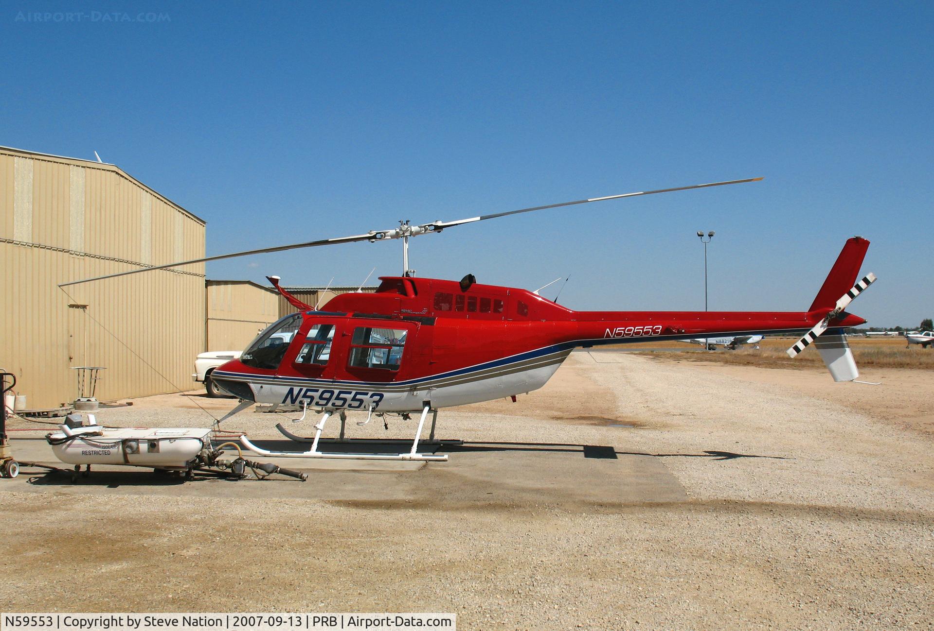N59553, 1974 Bell 206B JetRanger C/N 1451, Sinton Helicopters 1974 Bell 206B with crop spraying pack removed at end of day @ Paso Robles Municipal Airport, CA