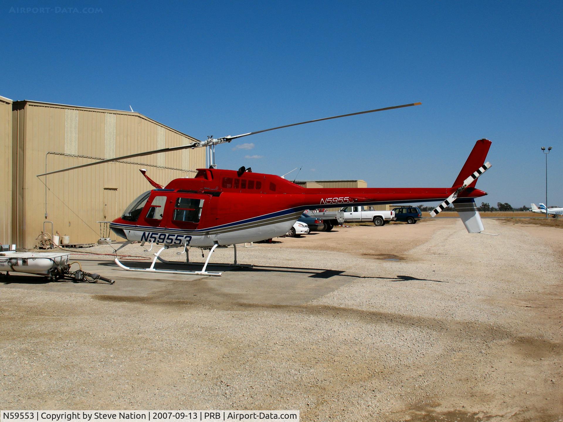 N59553, 1974 Bell 206B JetRanger C/N 1451, Sinton Helicopters 1974 Bell 206B with crop spraying pack removed at end of day @ Paso Robles Municipal Airport, CA