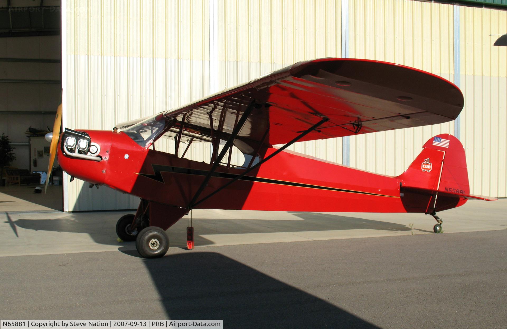 N65881, Piper J3C-65 Cub C/N 12034, Locally-based and BRIGHT RED Piper J3C-65 @ Paso Robles Municipal Airport, CA