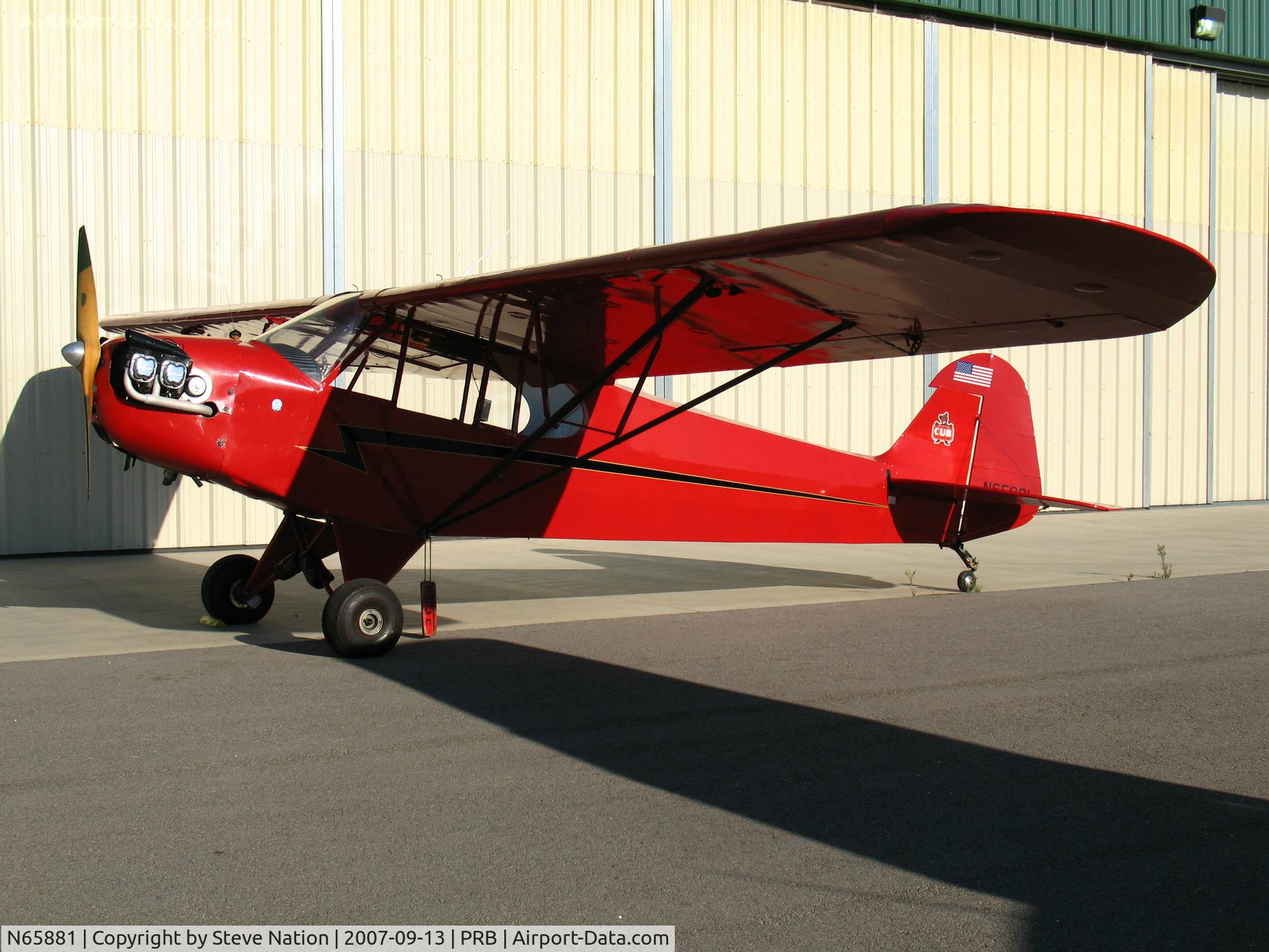 N65881, Piper J3C-65 Cub C/N 12034, Locally-based and BRIGHT RED Piper J3C-65 @ Paso Robles Municipal Airport, CA