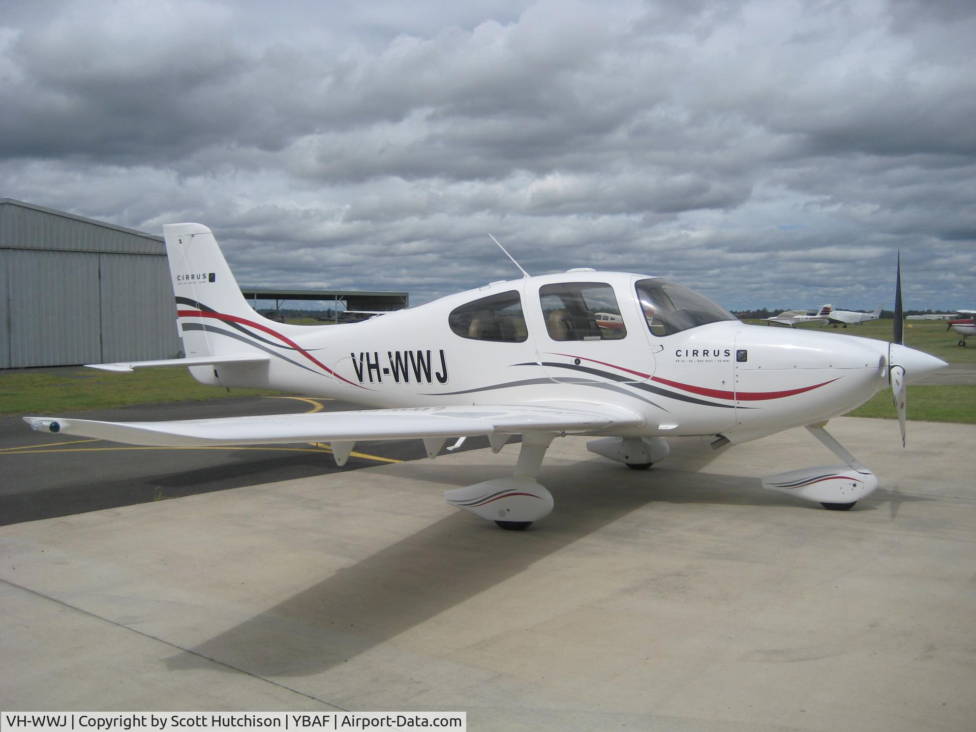 VH-WWJ, 2004 Cirrus SR22 C/N 0927, with its new scheme outside its hangar in archerfield