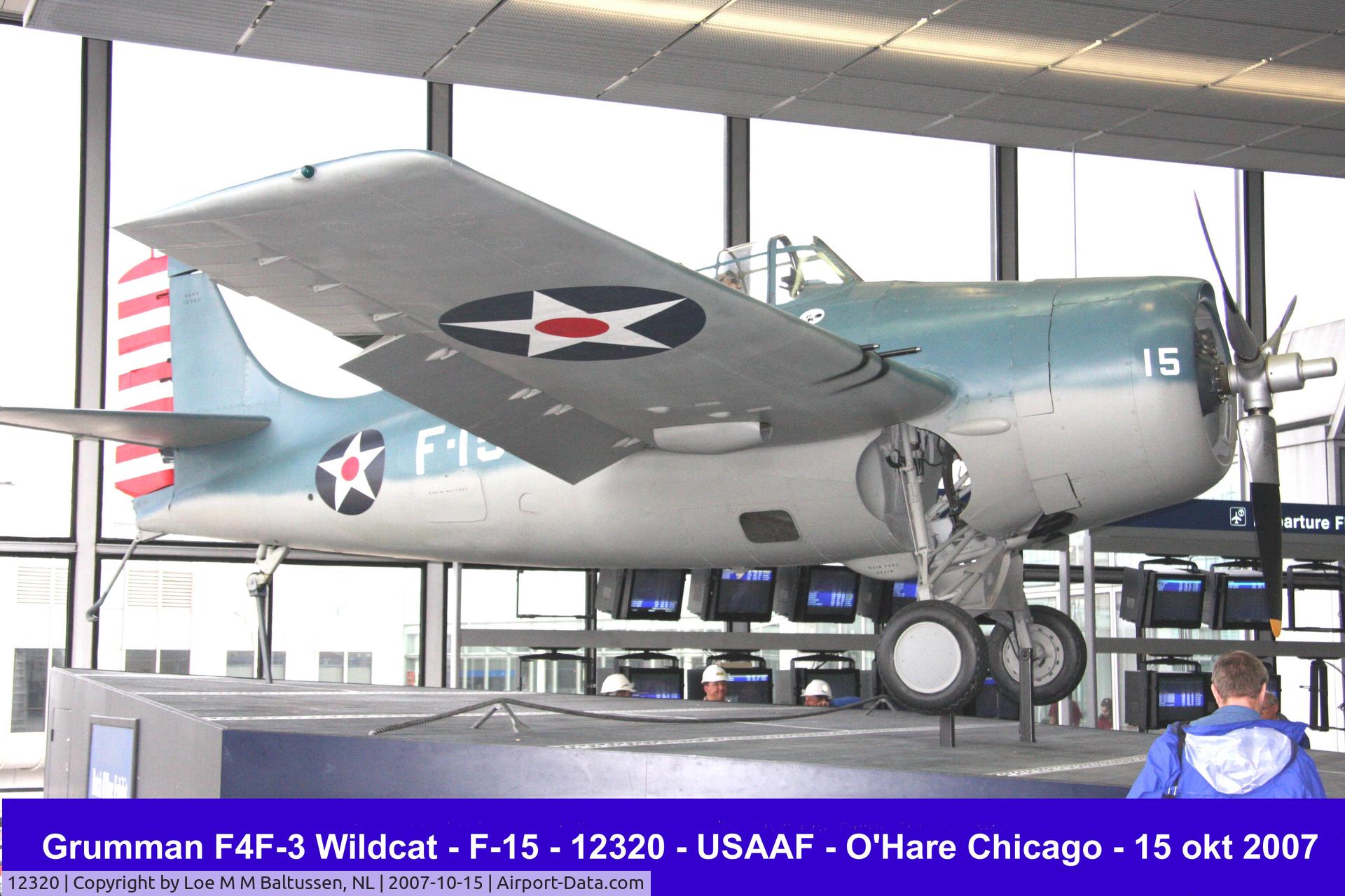 12320, 1944 Grumman F4F-3 Wildcat C/N 5980, Arriving at O'Hare, a small Grumman F-15 Wildcat (BuNo 12320) attracks more attention than the big Jumbo's ouside
