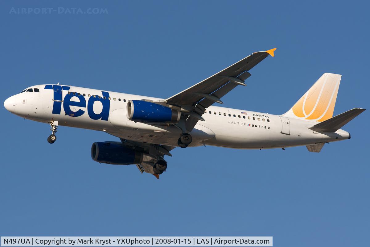 N497UA, 2002 Airbus A320-232 C/N 1847, Final for RWY25L.
