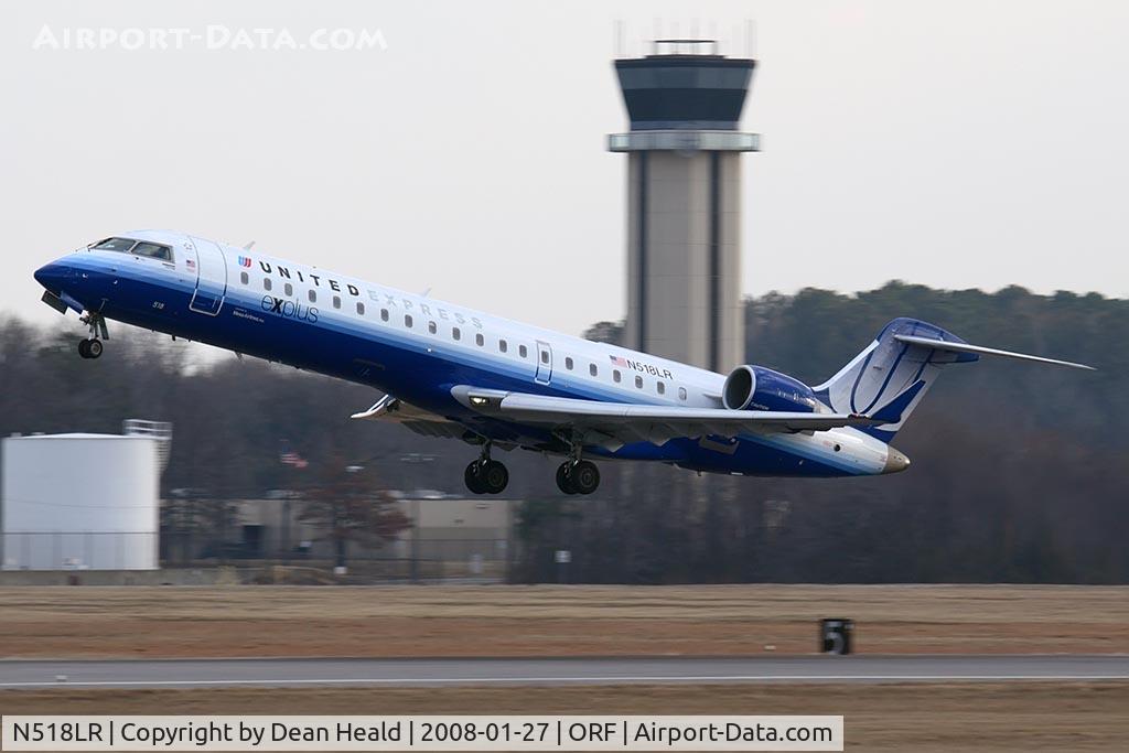 N518LR, 2006 Bombardier CRJ-700 (CL-600-2C10) Regional Jet C/N 10259, United Express (Operated by Mesa Airlines) N518LR (FLT ASH7239) departing RWY 5 enroute to Washington Dulles Int'l (KIAD) on a cold & cloudy day in Norfolk, VA.