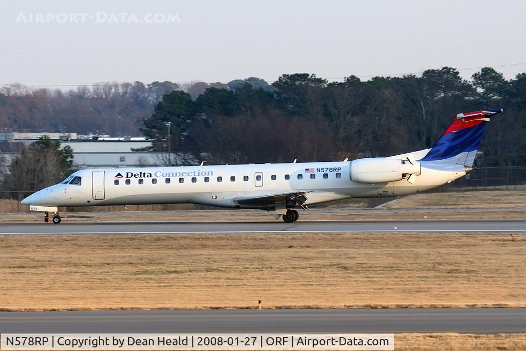 N578RP, 2004 Embraer ERJ-145LR (EMB-145LR) C/N 14500865, Delta Connection (by Chautauqua Airlines) N578RP (FLT CHQ6296) from Cincinnati Northern Kentucky Int'l (KCVG) rolling out on RWY 5 after landing.