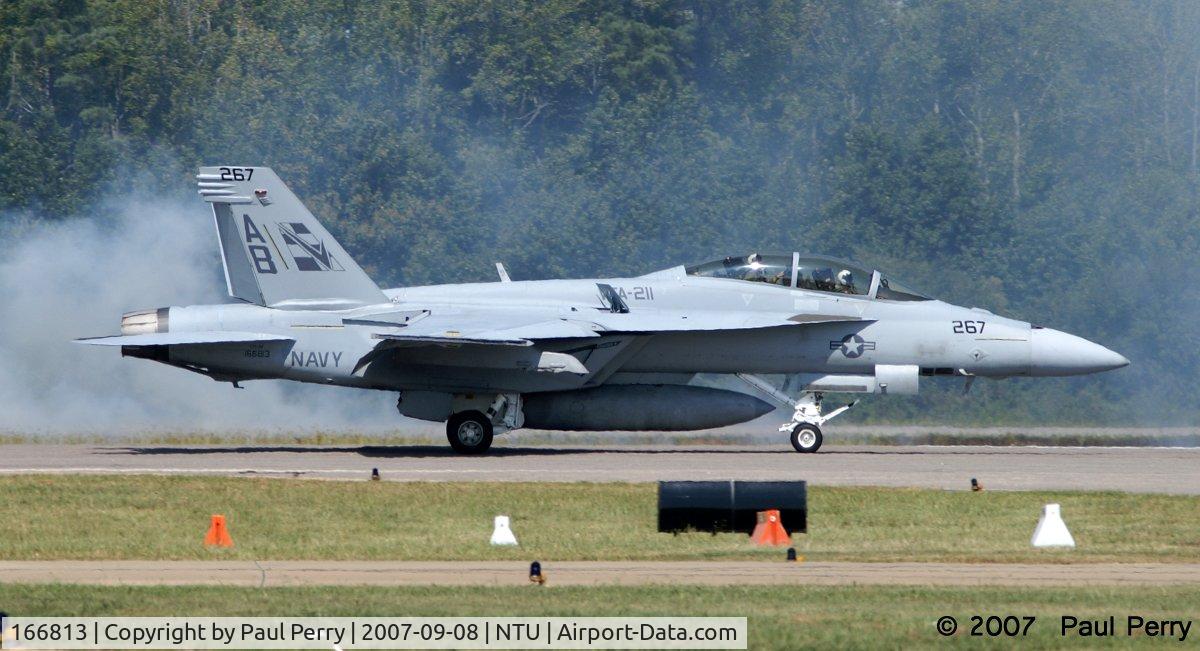 166813, Boeing F/A-18F Super Hornet C/N F186, Back in, showcasing her mid-body speed brakes