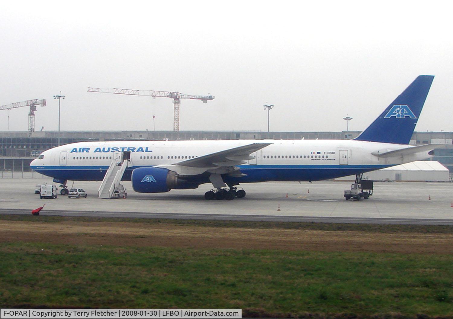 F-OPAR, 1999 Boeing 777-2Q8/ER C/N 29908, Air Austral B777 graces the ramp at Toulouse