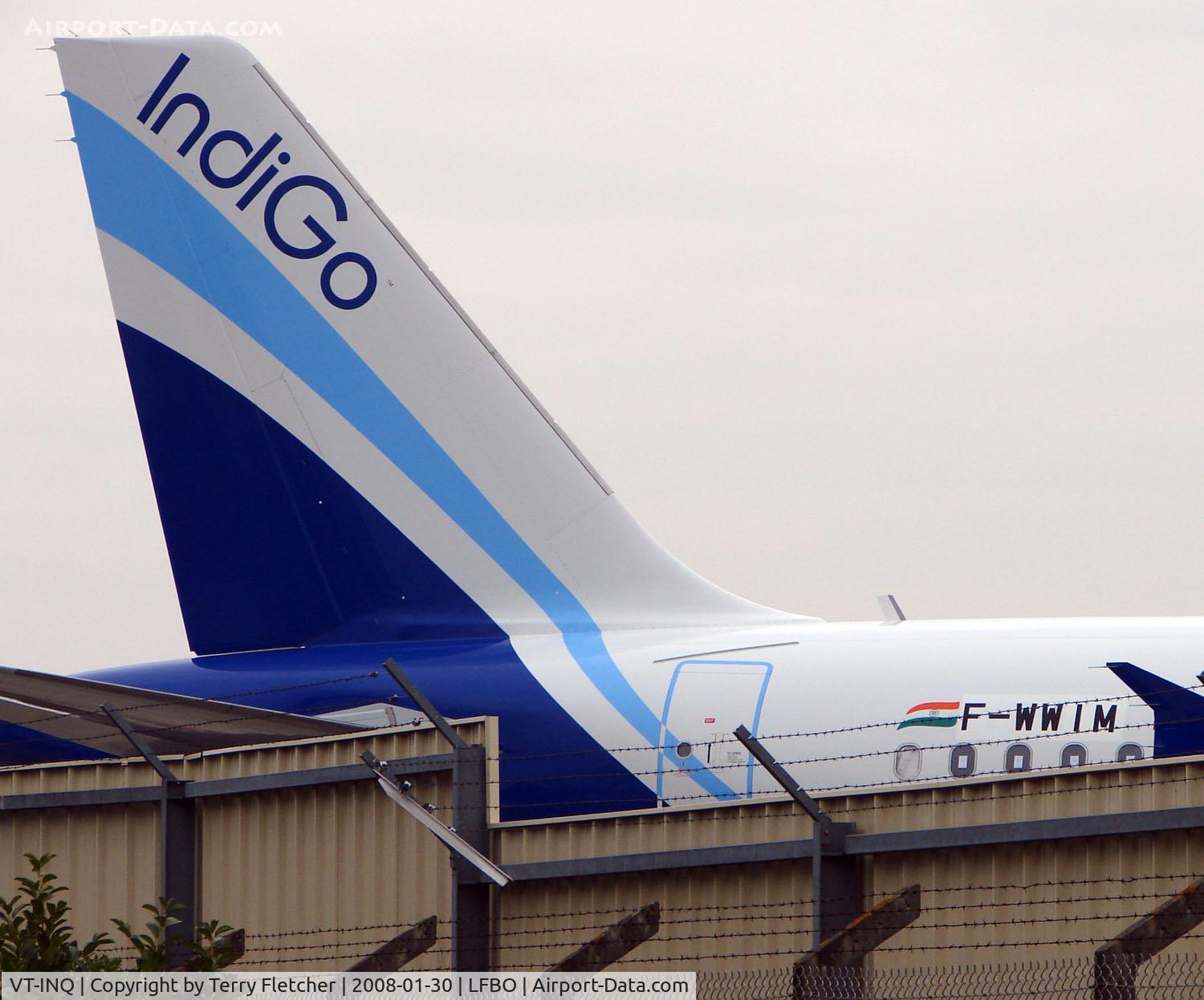 VT-INQ, 2008 Airbus A320-232 C/N 3414, Indigo's new A320 having recently emerged from the paint shop - now with temporary recistration F-WWIM and ready for Test flying