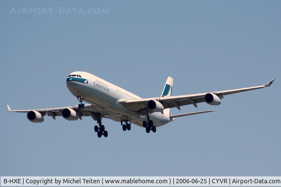 B-HXE, 1996 Airbus A340-313 C/N 157, Cathay Pacific arriving at Vancouver