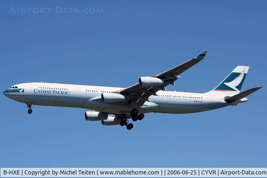 B-HXE, 1996 Airbus A340-313 C/N 157, Cathay Pacific arriving at Vancouver