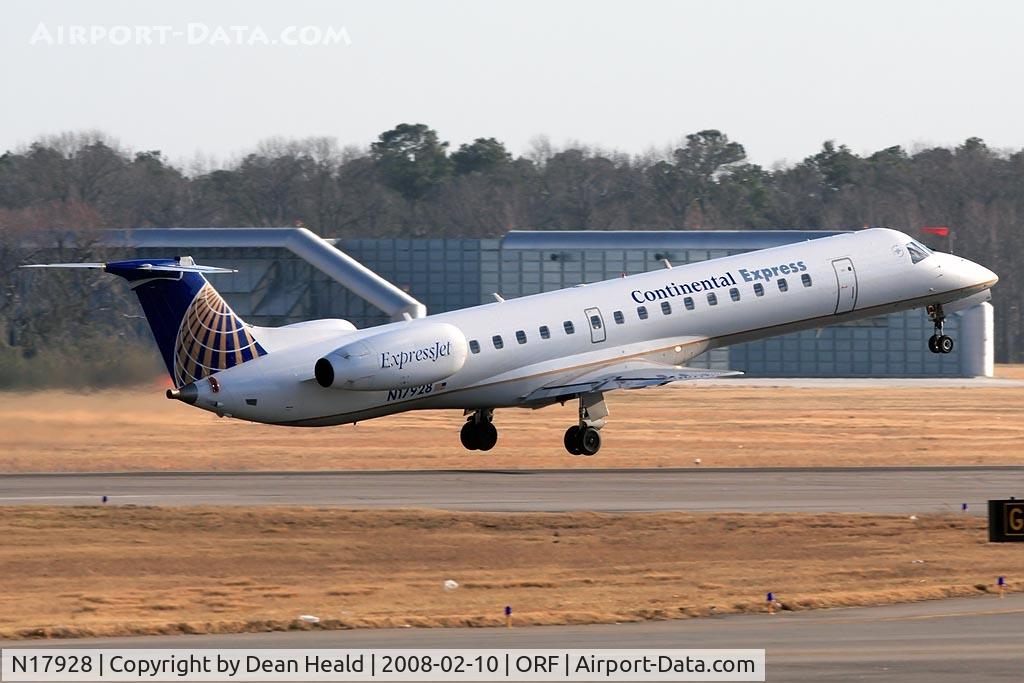N17928, 1996 Embraer EMB-145EP (ERJ-145EP) C/N 145007, Continental Express (Operated by ExpressJet) N17928 (FLT BTA2598) departing RWY 23 enroute to Newark Liberty Int'l (KEWR) on a very windy day.  Note the orientation of the windsock just above the nose.