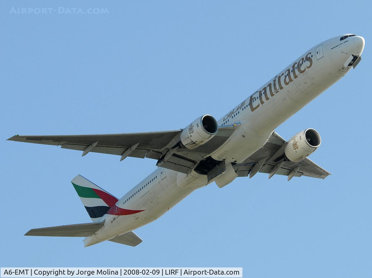 A6-EMT, 2002 Boeing 777-31H C/N 32699, Emirates triple seven, taking off RWY 25 of Fiumicino-International Airport.