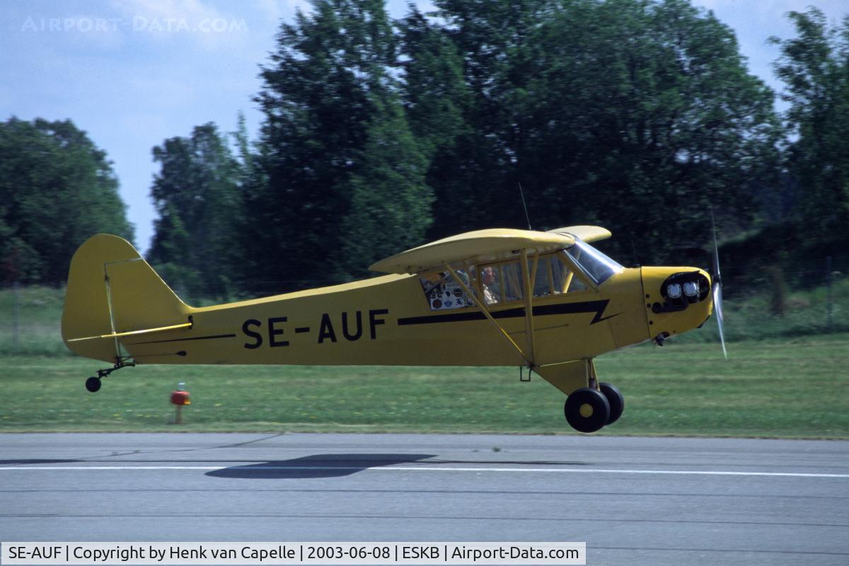 SE-AUF, 1944 Piper J3C-65 Cub C/N 12387-887, Piper Cub taking off from Barkarby airfield, Stockholm, Sweden.