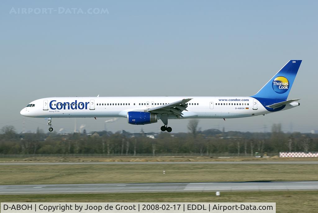 D-ABOH, 1999 Boeing 757-330 C/N 30030, About to touch down on runway 23 at Dusseldorf.
