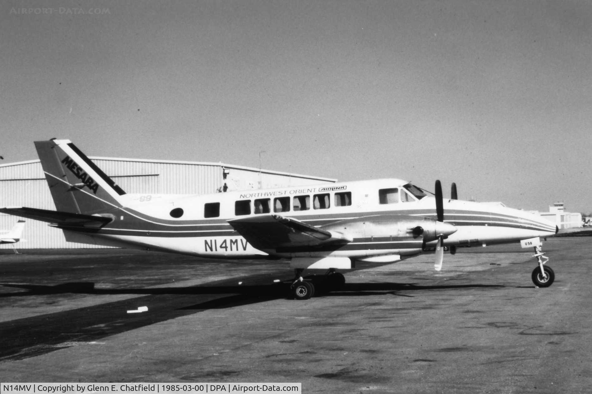 N14MV, 1969 Beech 99 Airliner C/N U-59, Photo taken for aircraft recognition training.  Mesaba Airlines.  Was a 35mm slide, made into B&W internegative then printed.