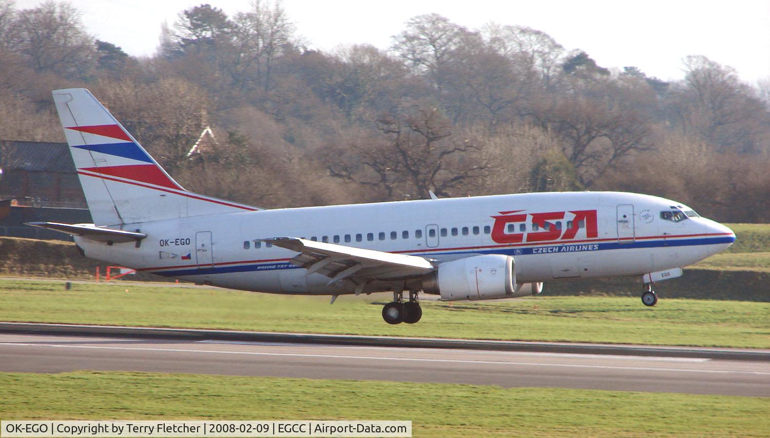 OK-EGO, 1999 Boeing 737-55S C/N 28475/3096, CSA B737 lands at Manchester in Feb 2008