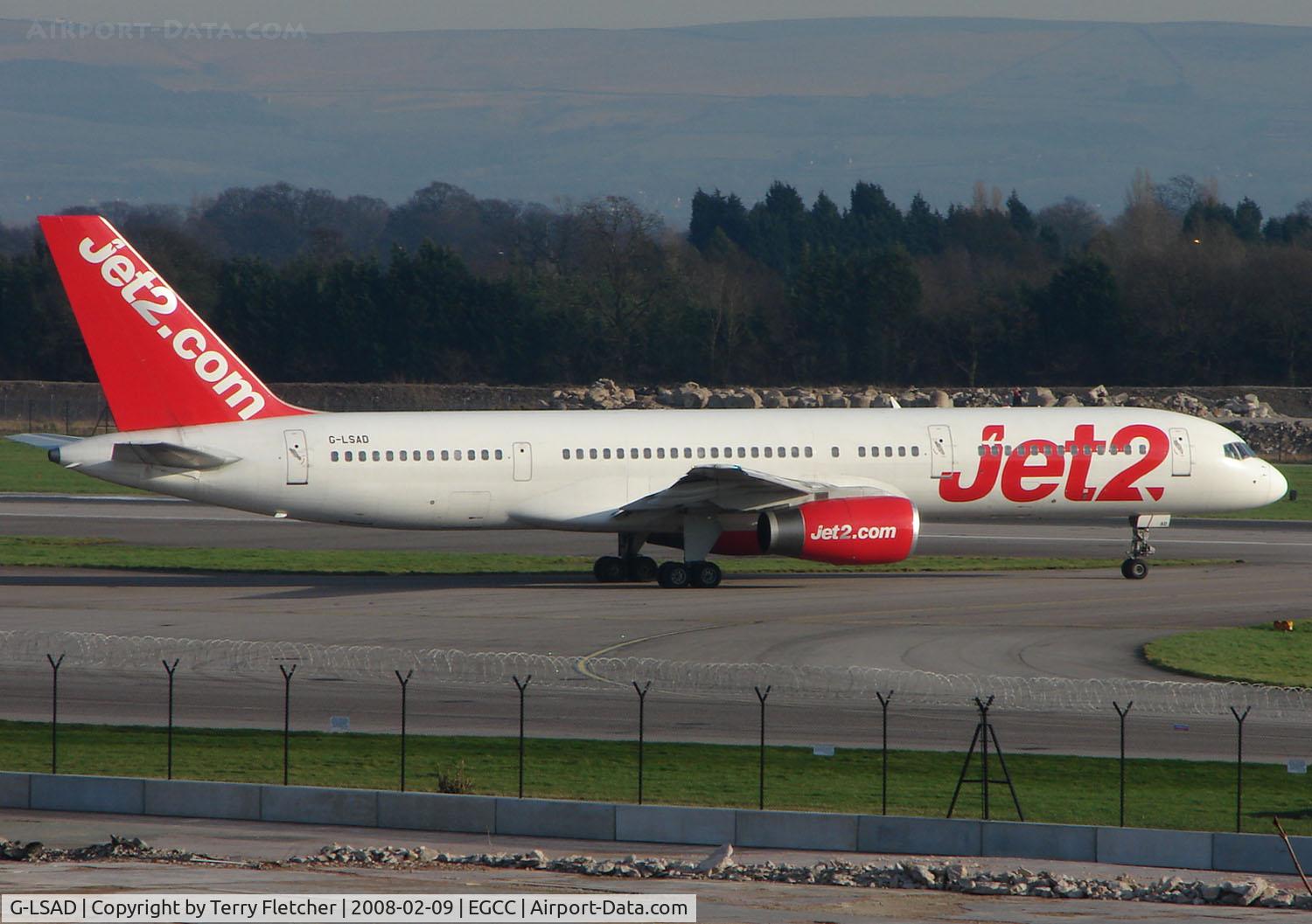G-LSAD, 1989 Boeing 757-236 C/N 24397, Jet2 B757 prepares to depart Manchester in Feb 2008
