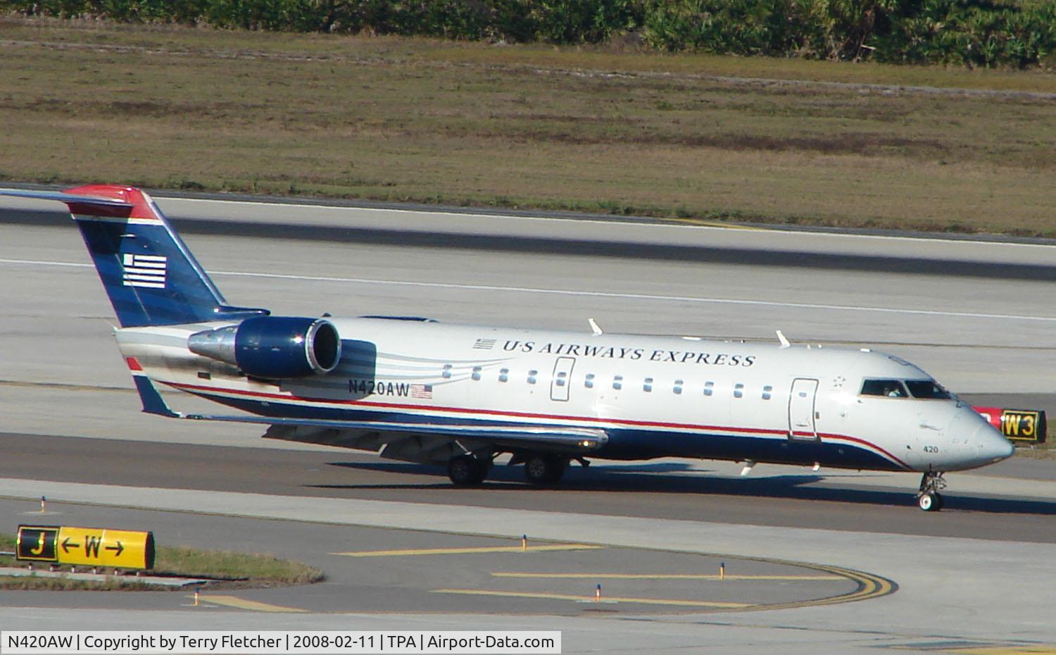 N420AW, 2002 Bombardier CRJ-200LR (CL-600-2B19) C/N 7640, US Airways CRJ taxies in at Tampa