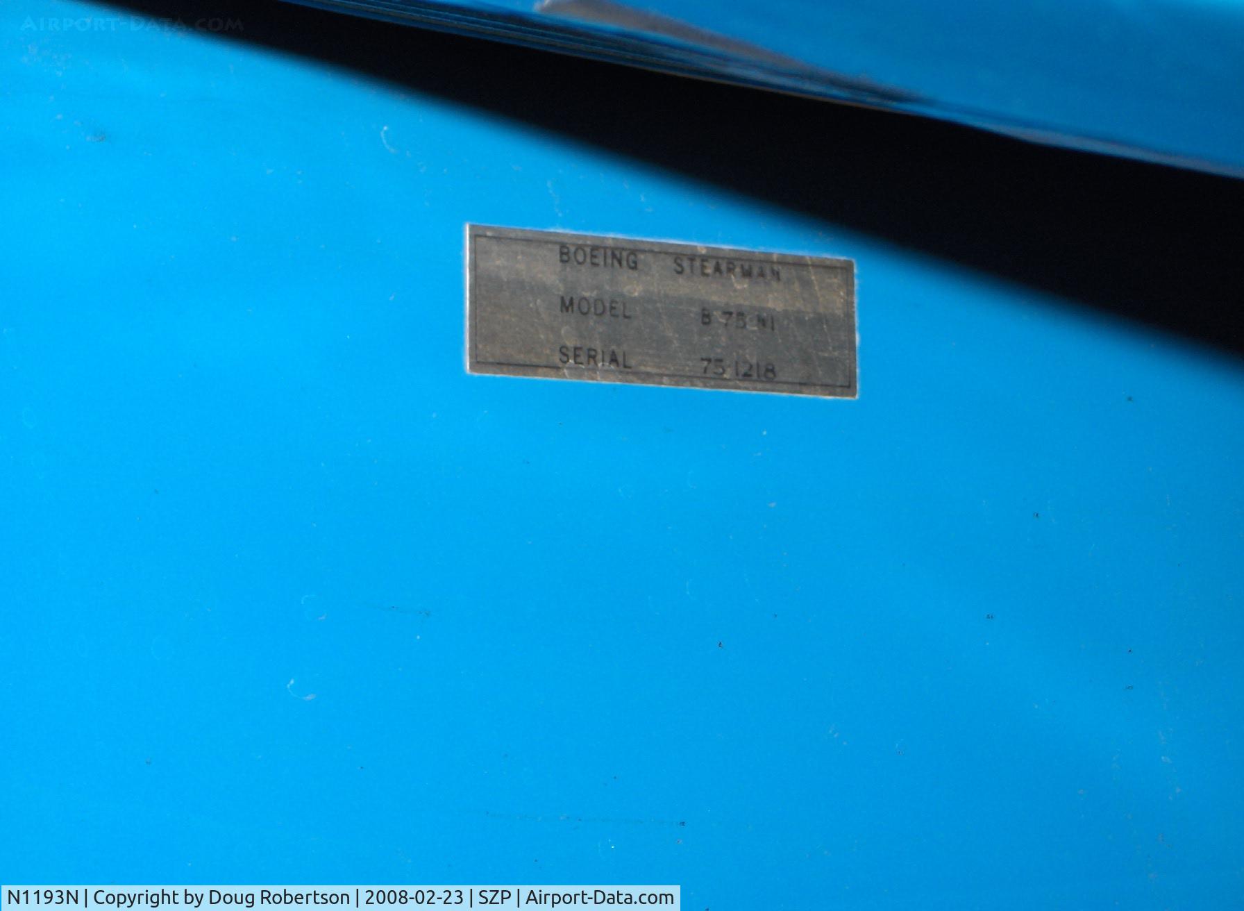 N1193N, 1941 Boeing E75 C/N 75-1218, 1941 Boeing Stearman E75, P&W R-985 450 Hp upgrade from original Lycoming R-680-17, data plate