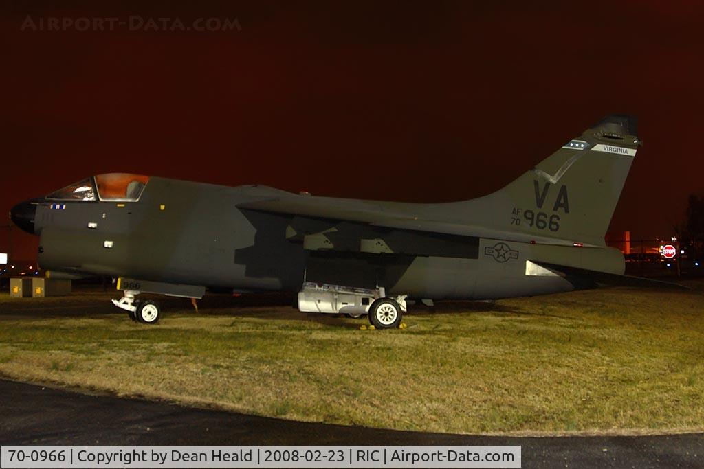 70-0966, 1970 LTV A-7D Corsair II C/N D-112, Night shot of LTV A-7D-7-CV Corsair II formerly with the Virginia ANG on display at the Virginia Aviation Museum.