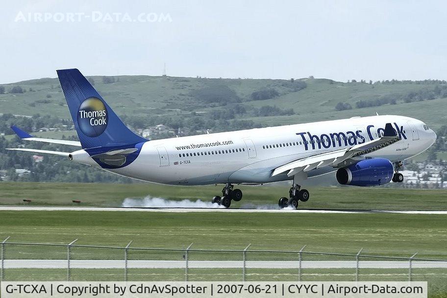 G-TCXA, 2006 Airbus A330-243 C/N 795, Touching down in Calgary, arriving from Manchester